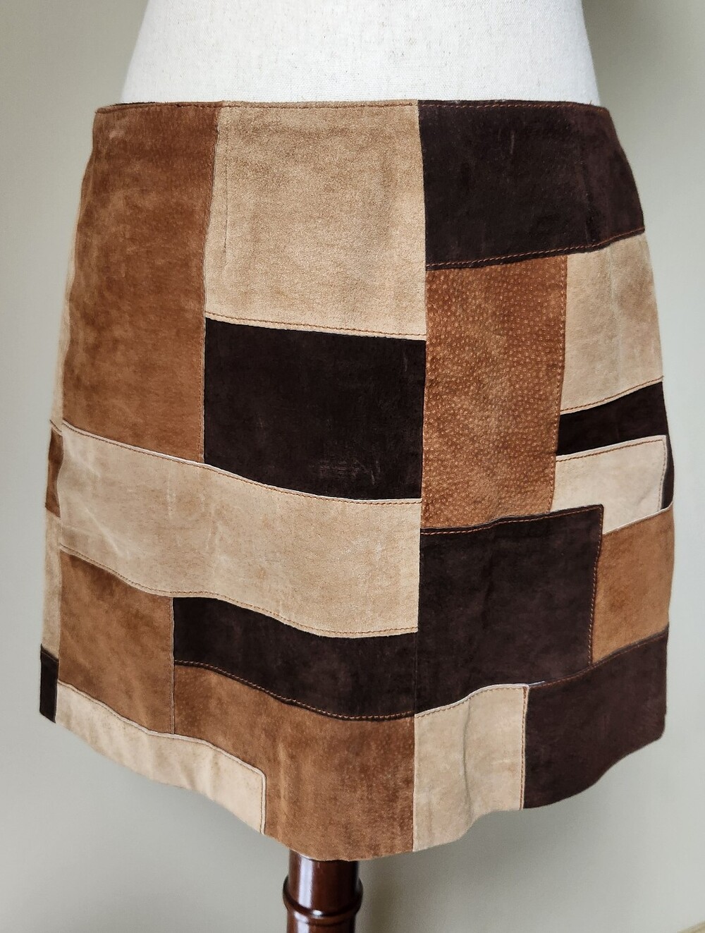 Vintage Misdemeanor Suede Patchwork Mini Skirt Womens 9 Brown Tan Boho Y2K